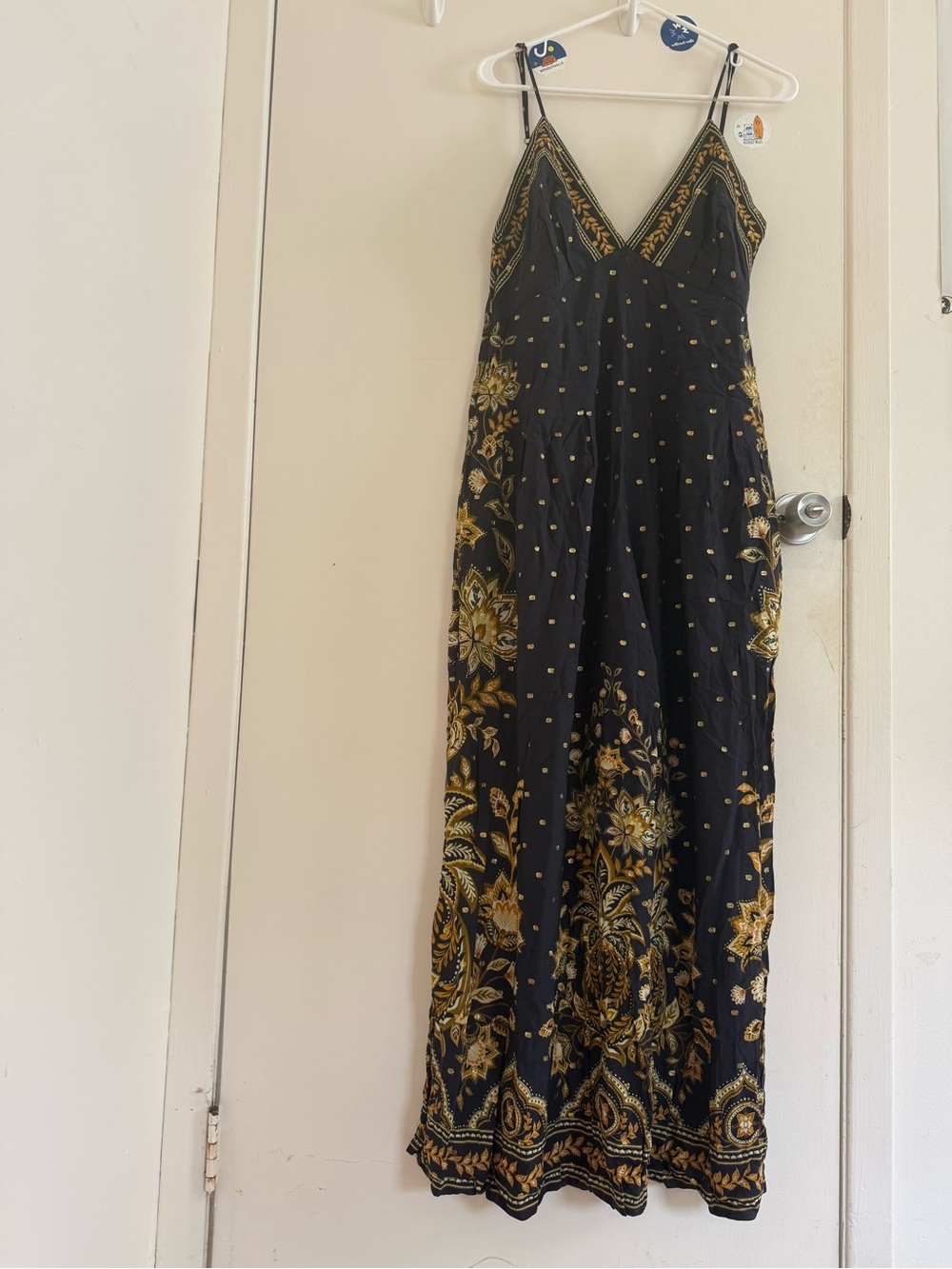 New Farm Rio Black & Gold Floral V-Neck jumpsuit with Spaghetti Straps - Picture 2 of 4